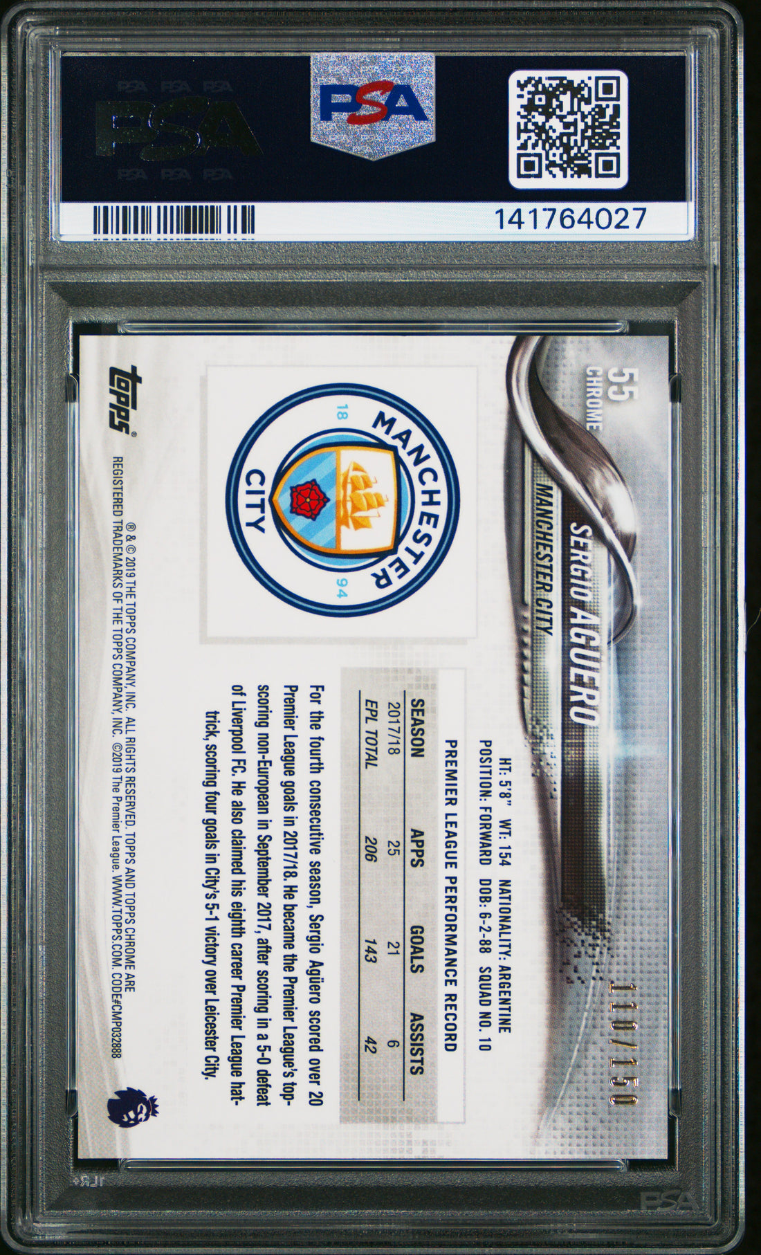 2018 Topps Chrome Premier League - Sergio Aguero Manchester City - Blue Refractor /150 - PSA 10