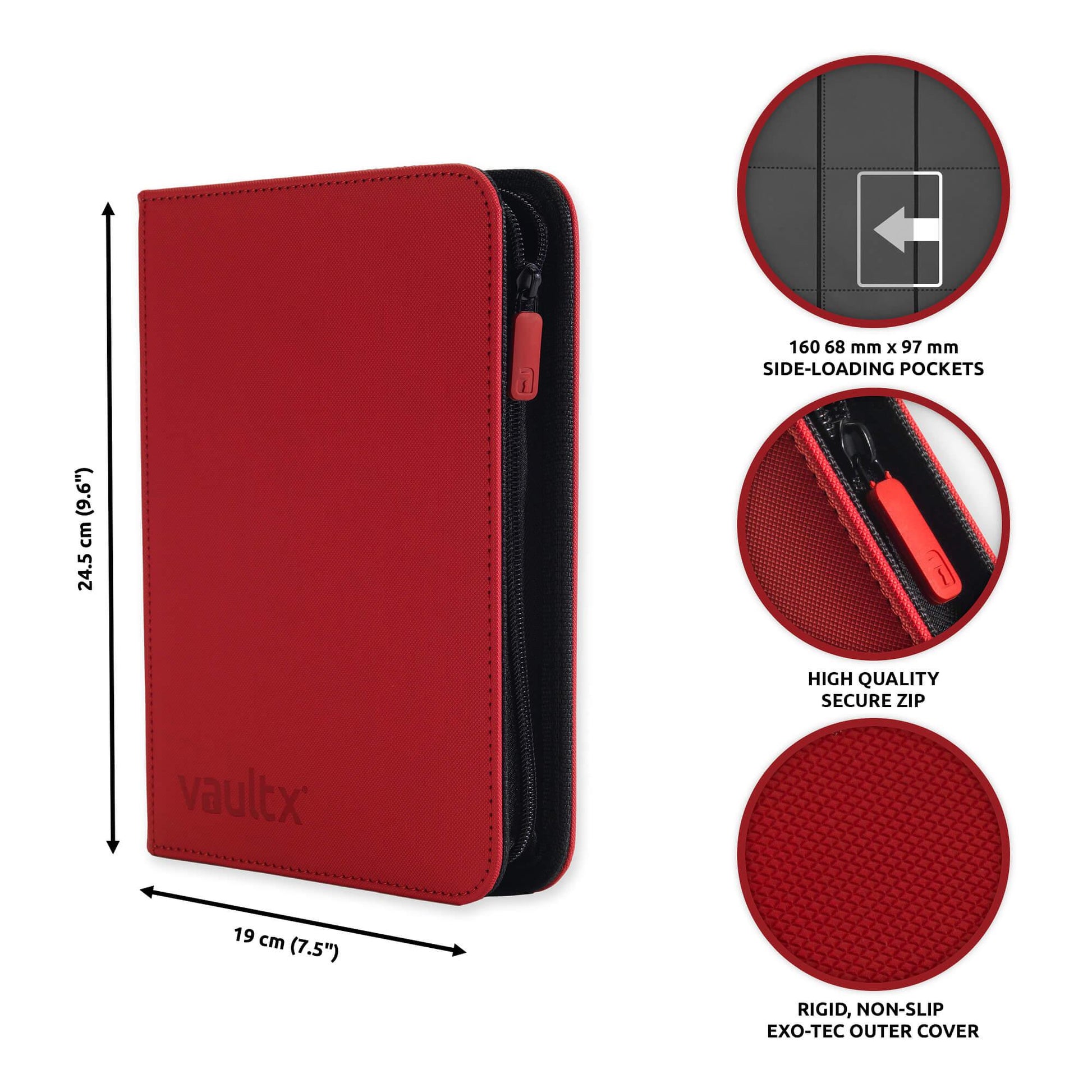 Vault X Premium Exo-Tec® 4 Pocket Zip Card Binder - Red 